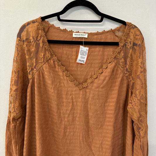 Anna Kaci Brown Lace Detail V Neck Long Sleeve Top Large