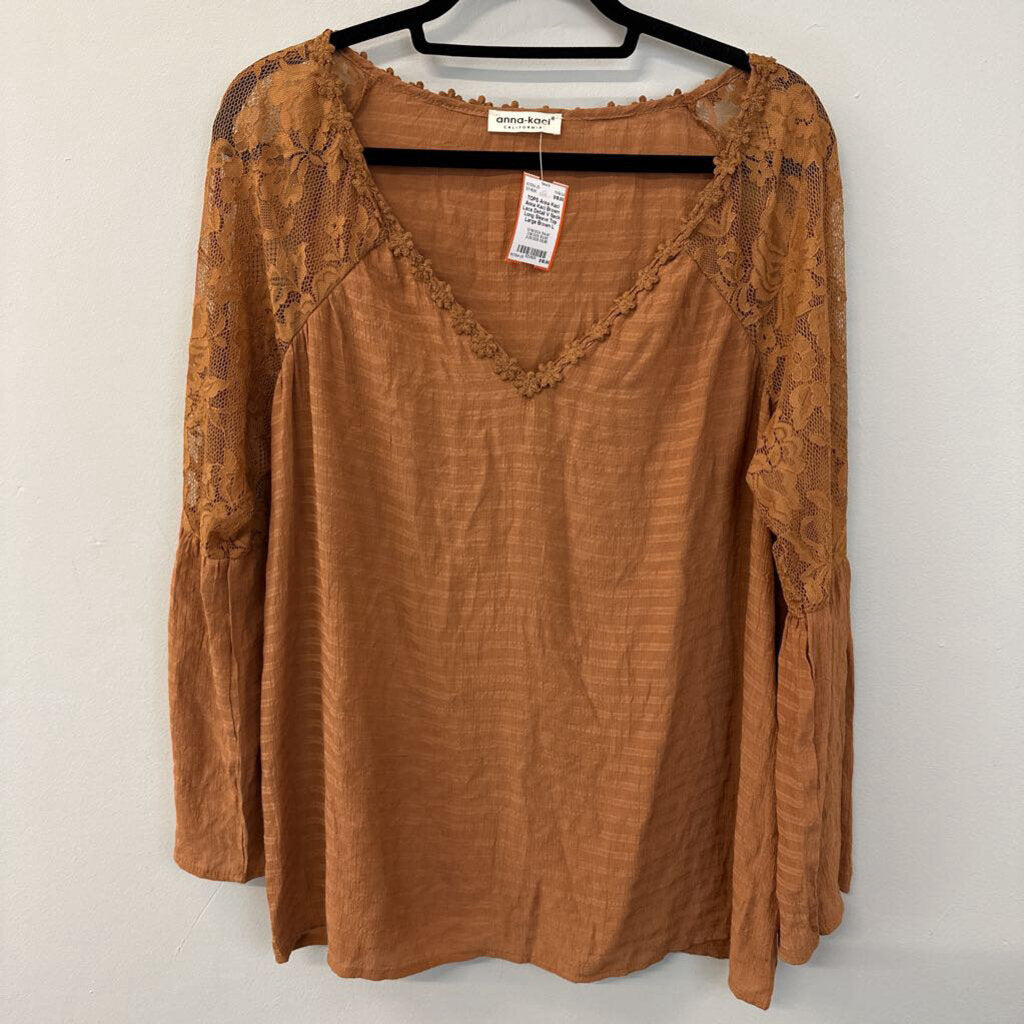 Anna Kaci Brown Lace Detail V Neck Long Sleeve Top Large