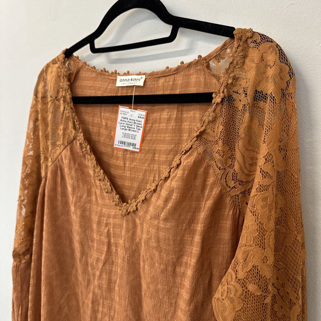 Anna Kaci Brown Lace Detail V Neck Long Sleeve Top Large