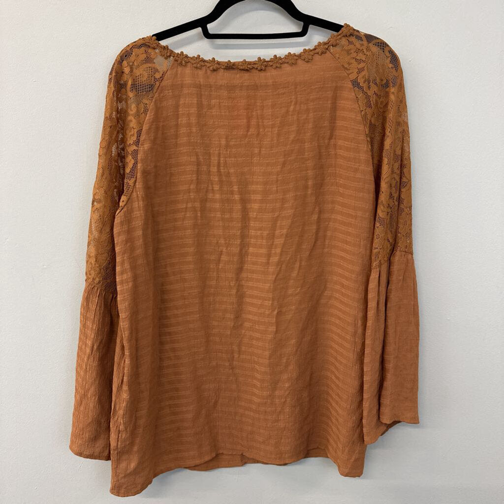 Anna Kaci Brown Lace Detail V Neck Long Sleeve Top Large