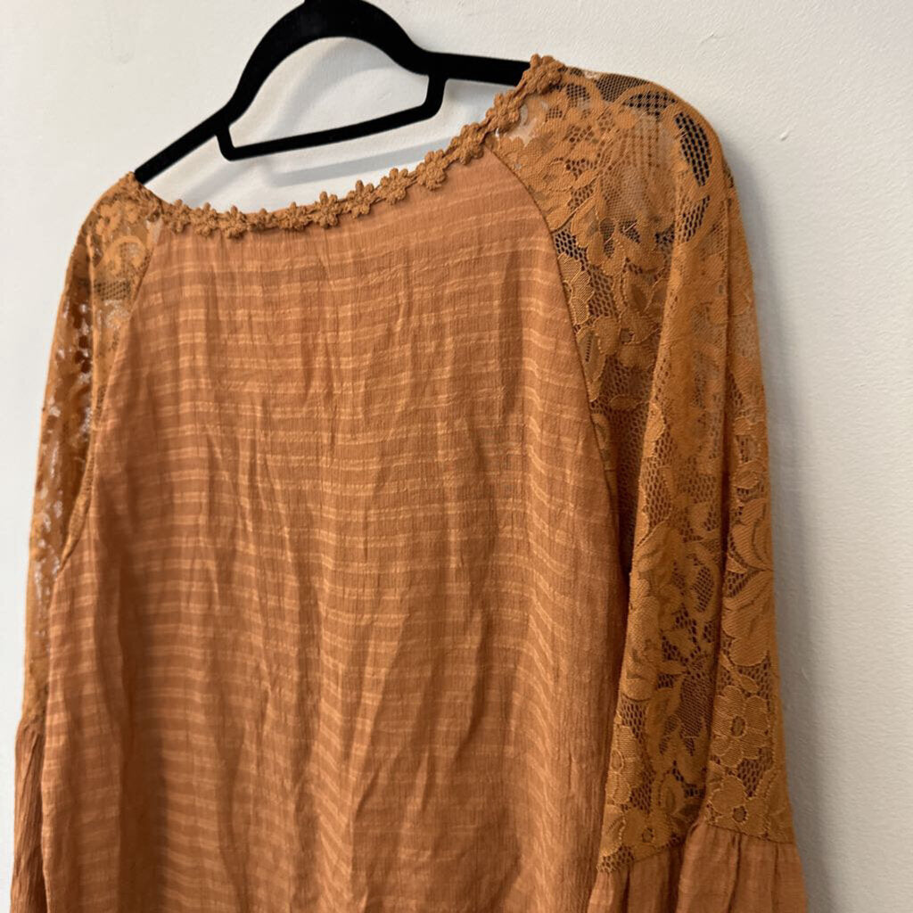 Anna Kaci Brown Lace Detail V Neck Long Sleeve Top Large