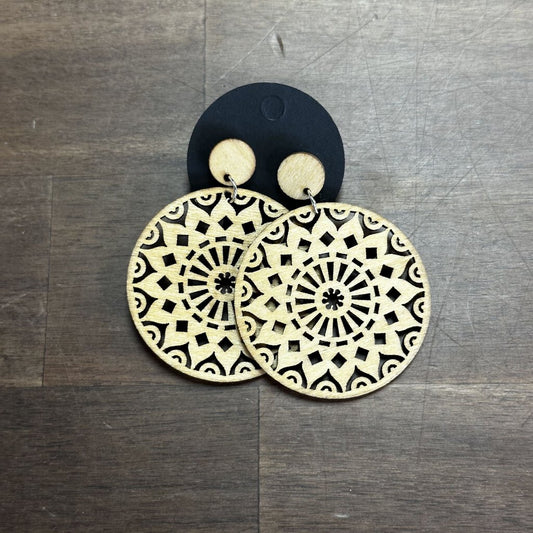 Brown Wood Laser Cut Round Drop Earrings