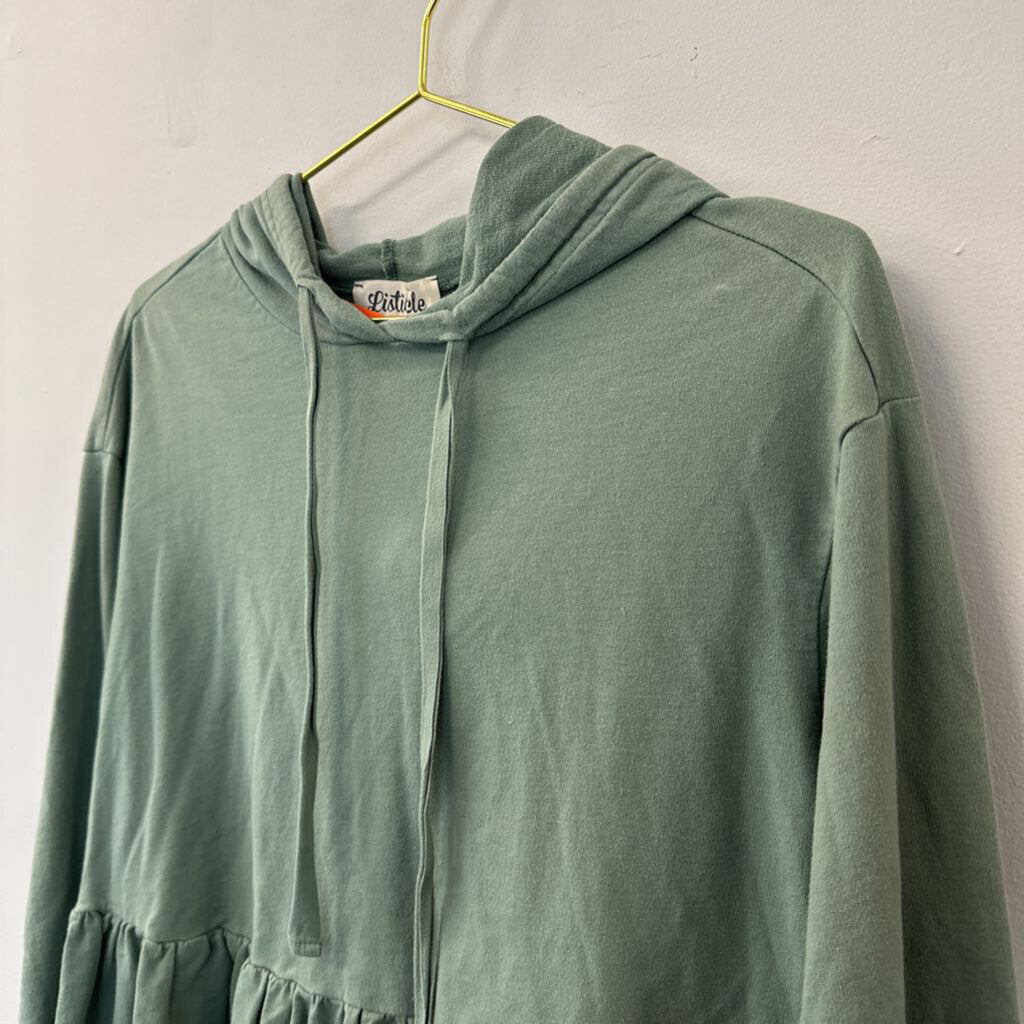 Listicle Green Long Sleeve Ruffle Hem Hooded Pullover Small