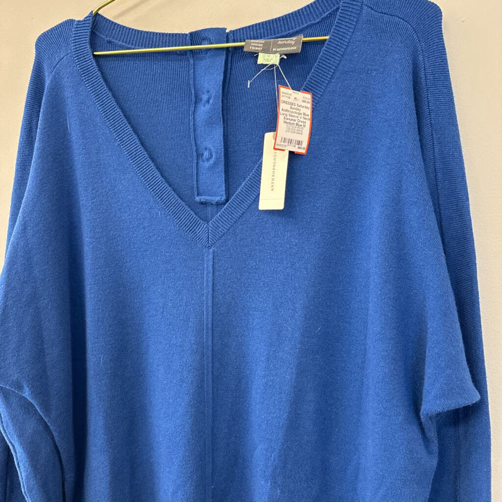 Anthropologie Blue Long Sleeve V Neck Sweater Dress Medium