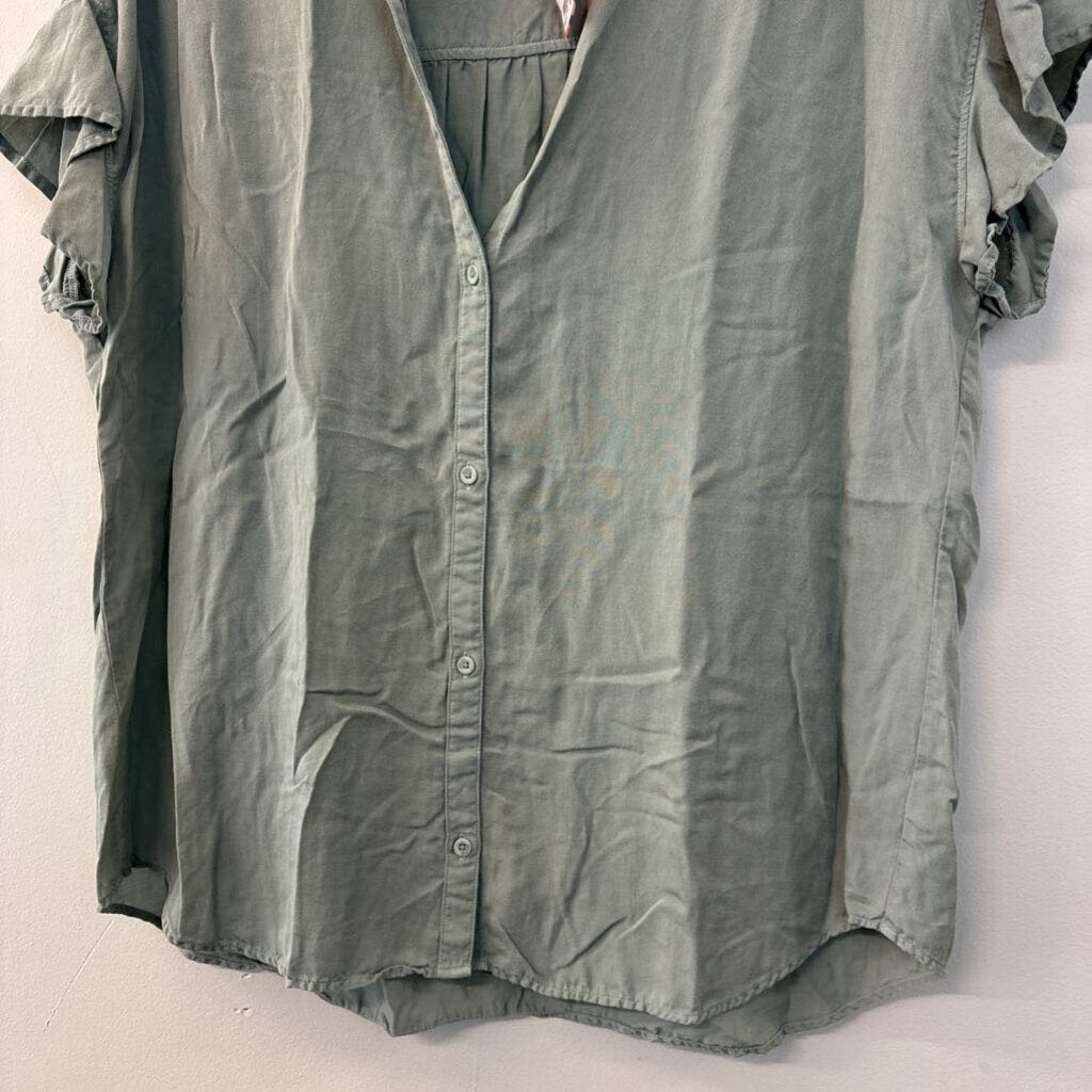 Cloth and Stone by Anthropologie Green Short Ruffle Sleeve Button Down Top Extra Large