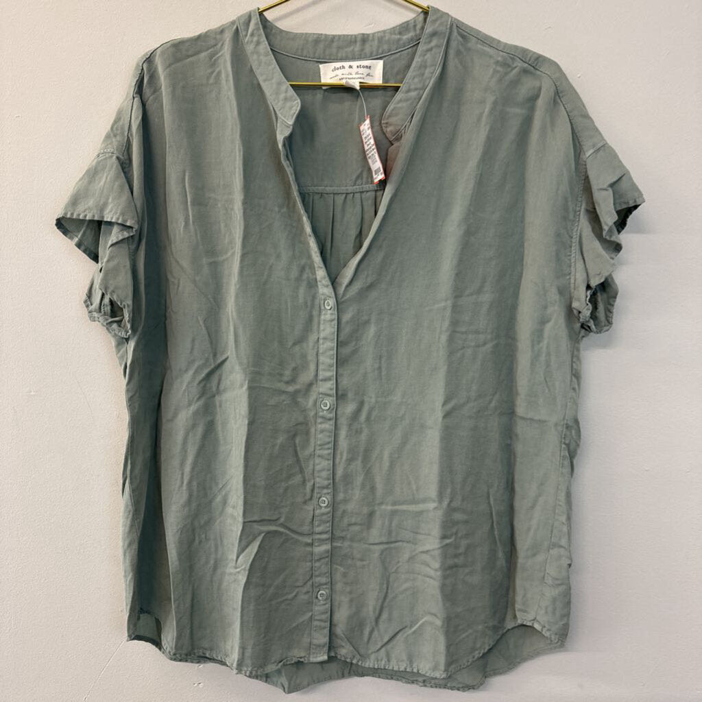 Cloth and Stone by Anthropologie Green Short Ruffle Sleeve Button Down Top Extra Large