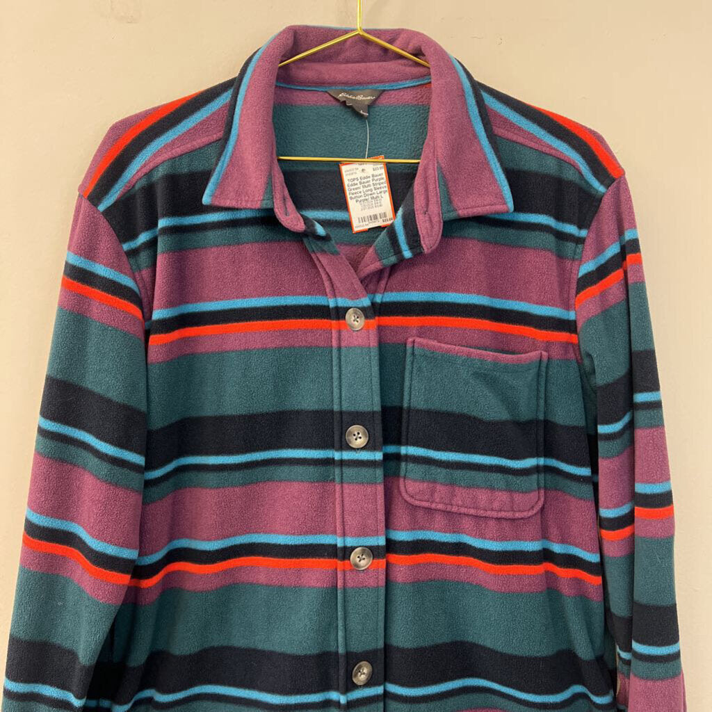 Eddie Bauer Purple, Green/ Multi Striped Fleece Long Sleeve Button Down Large