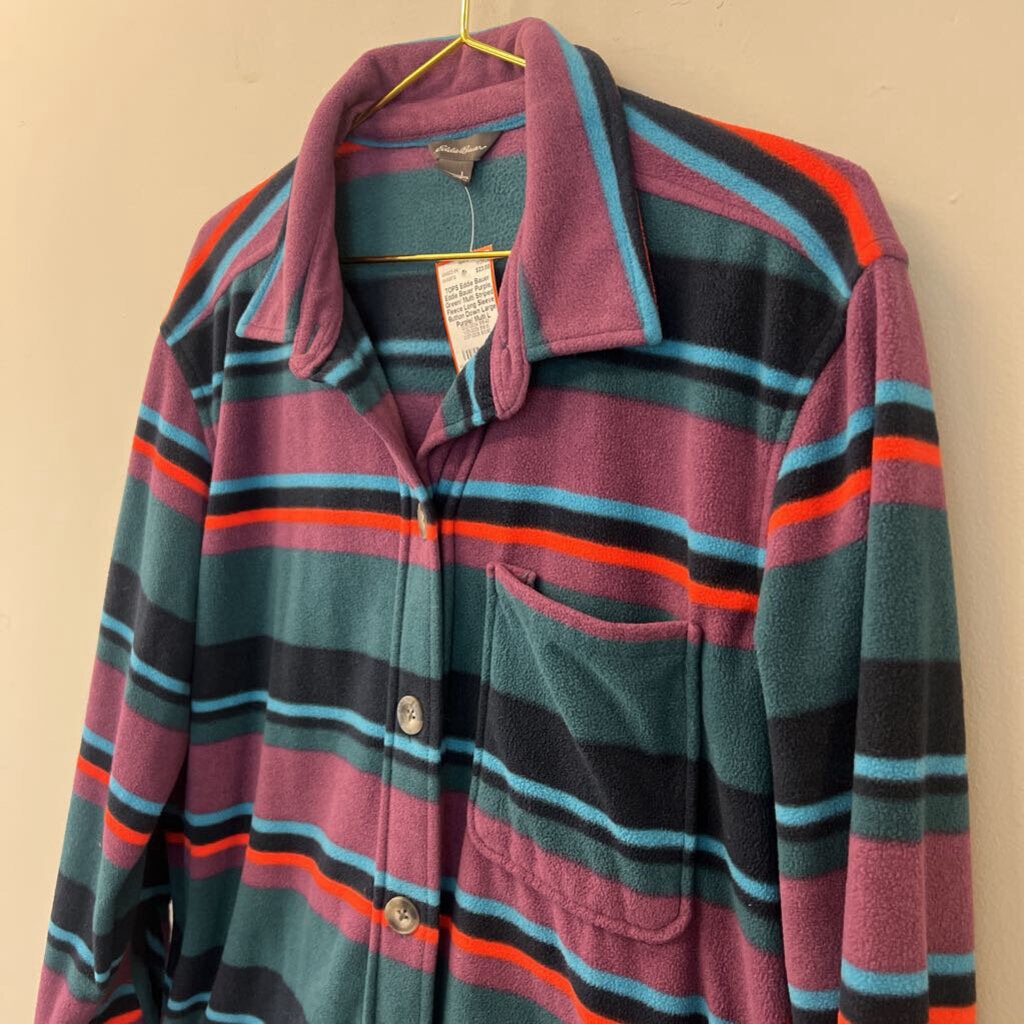 Eddie Bauer Purple, Green/ Multi Striped Fleece Long Sleeve Button Down Large