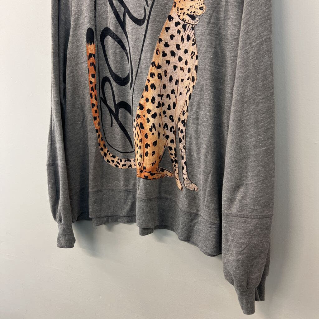 Anthropologie Grey Leopard Roar Graphic Long Sleeve Top 1X