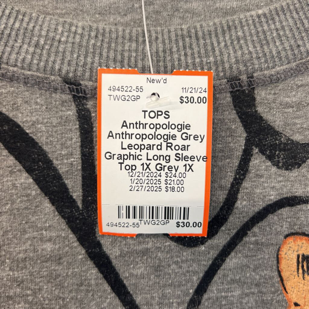 Anthropologie Grey Leopard Roar Graphic Long Sleeve Top 1X