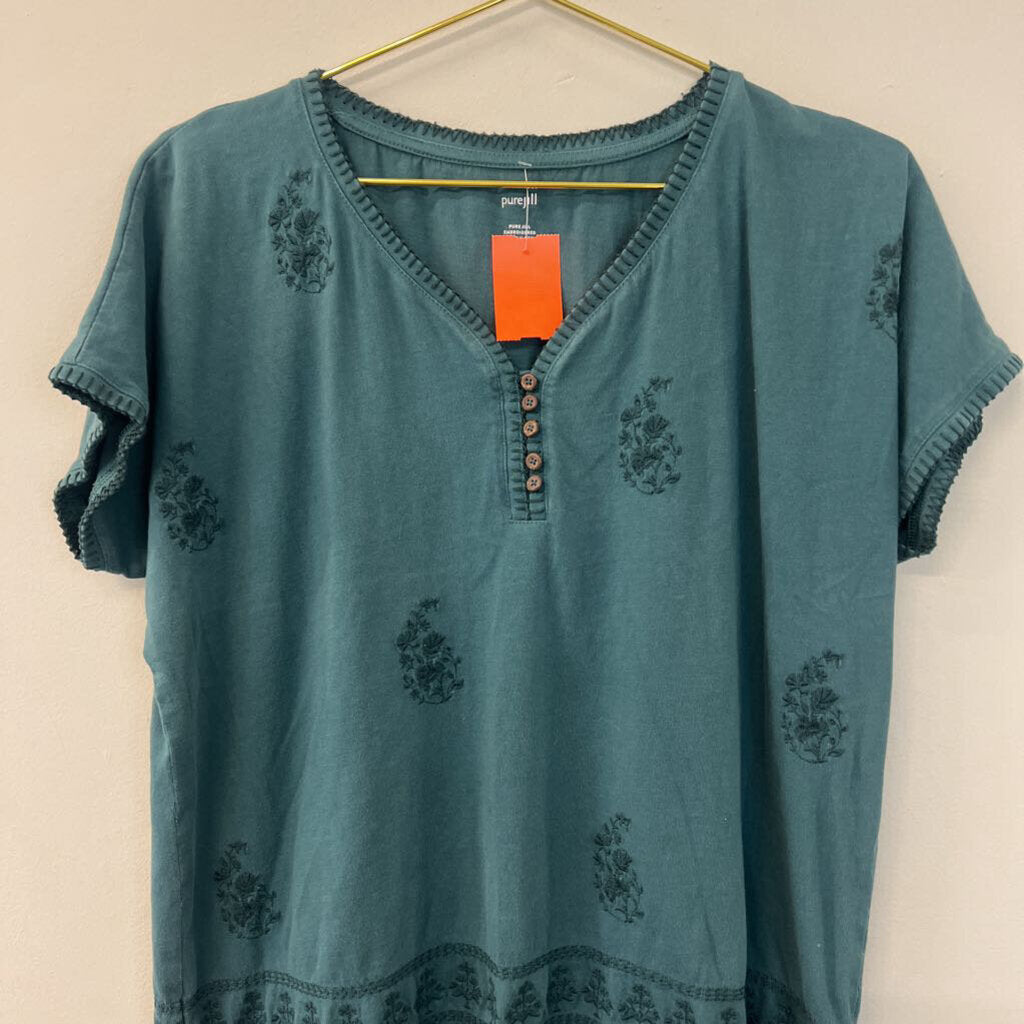 Pure Jill Green Embroidered Detail Short Sleeve Henley Top Medium