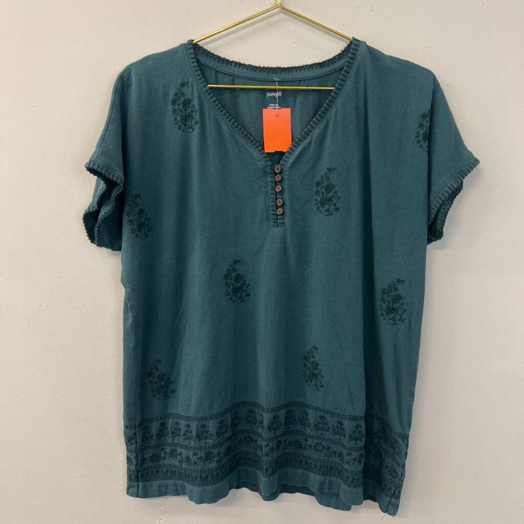 Pure Jill Green Embroidered Detail Short Sleeve Henley Top Medium