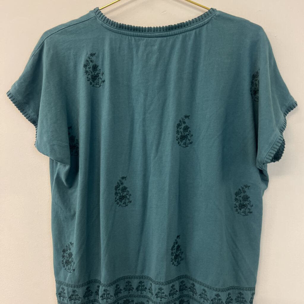 Pure Jill Green Embroidered Detail Short Sleeve Henley Top Medium