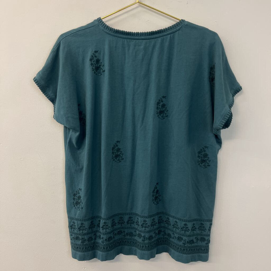 Pure Jill Green Embroidered Detail Short Sleeve Henley Top Medium