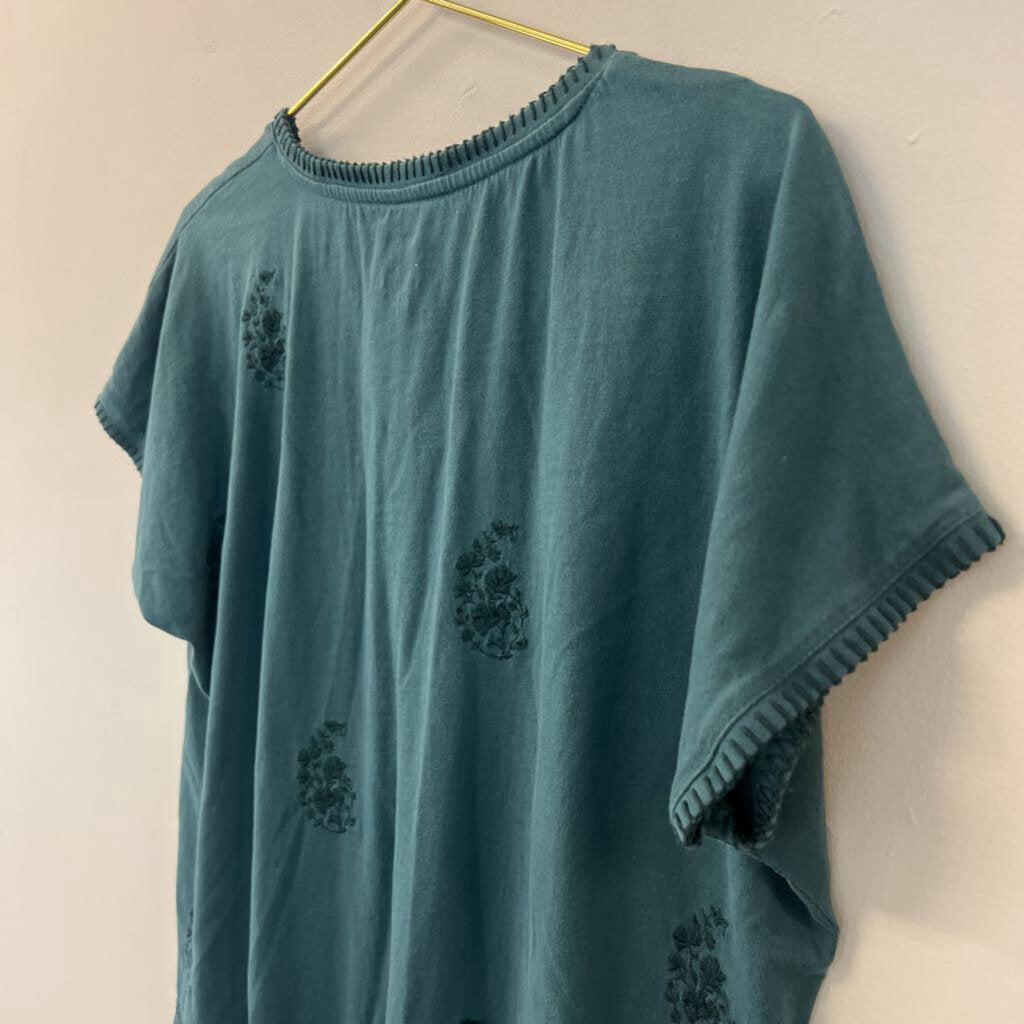 Pure Jill Green Embroidered Detail Short Sleeve Henley Top Medium