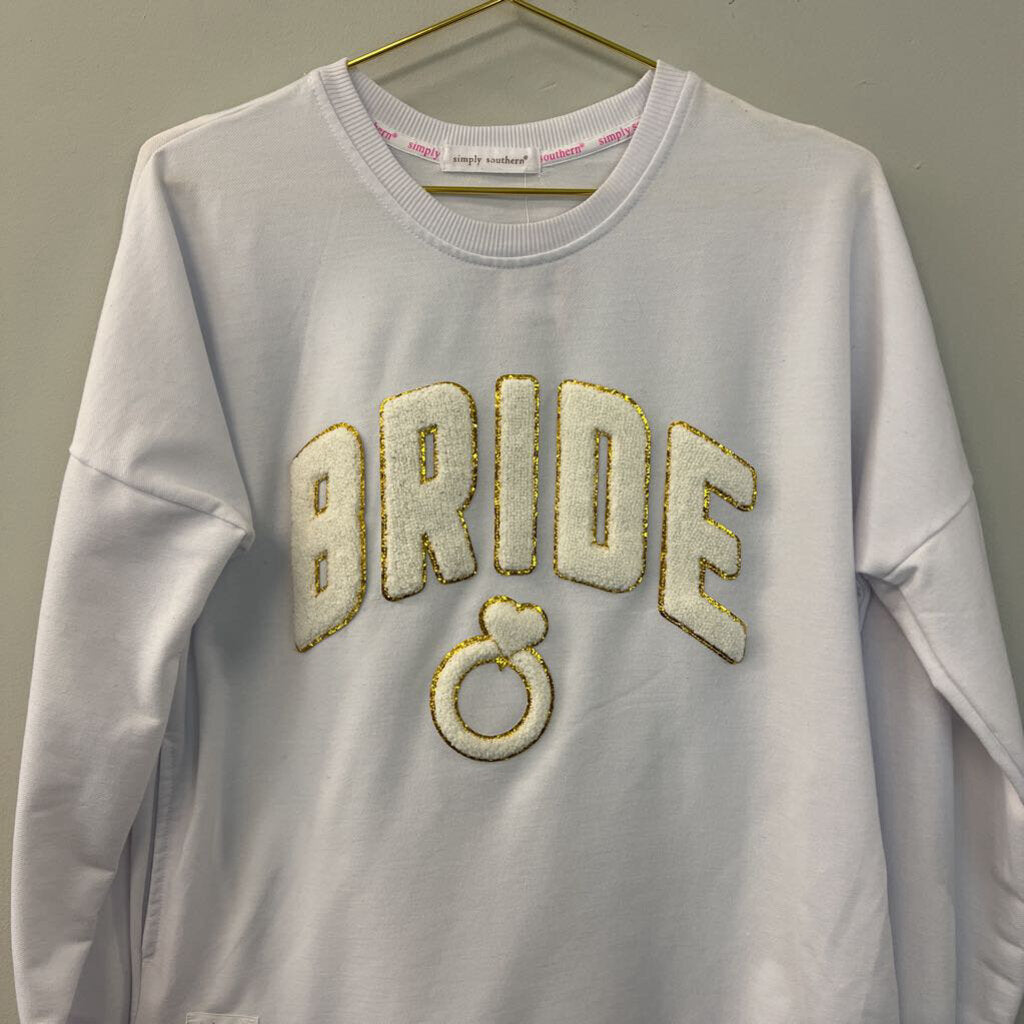 Simply Southern White Sparkle Bride Crewneck Pullover Medium