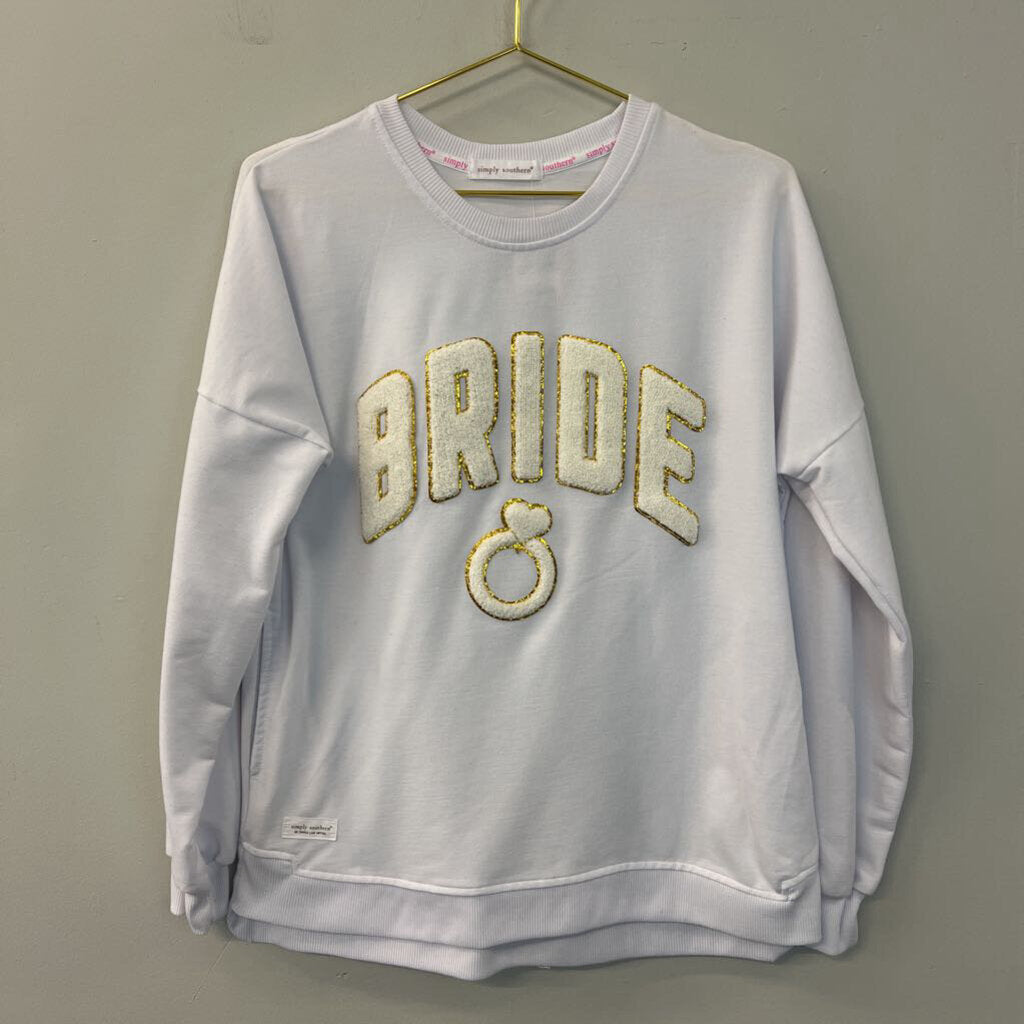 Simply Southern White Sparkle Bride Crewneck Pullover Medium