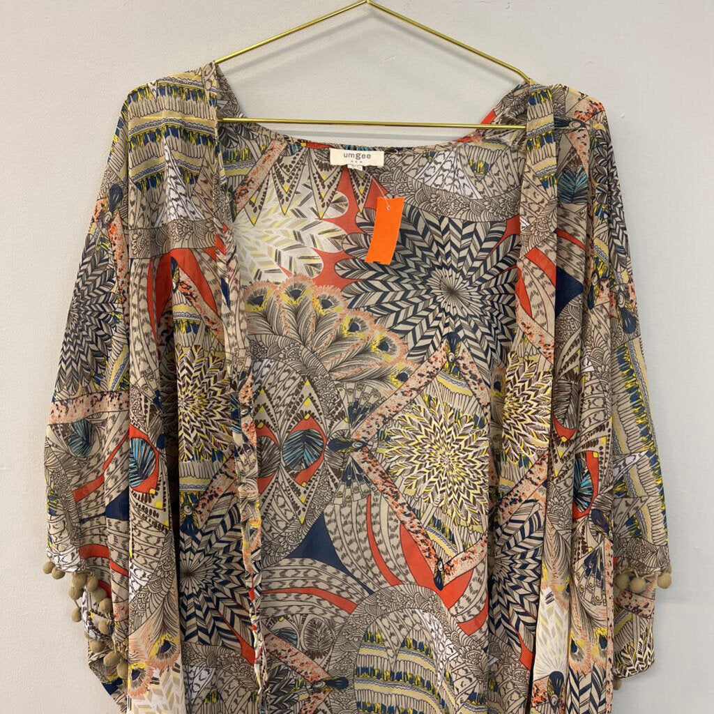 Umgee Beige/ Multi Print Open Front Kimono Medium/ Large