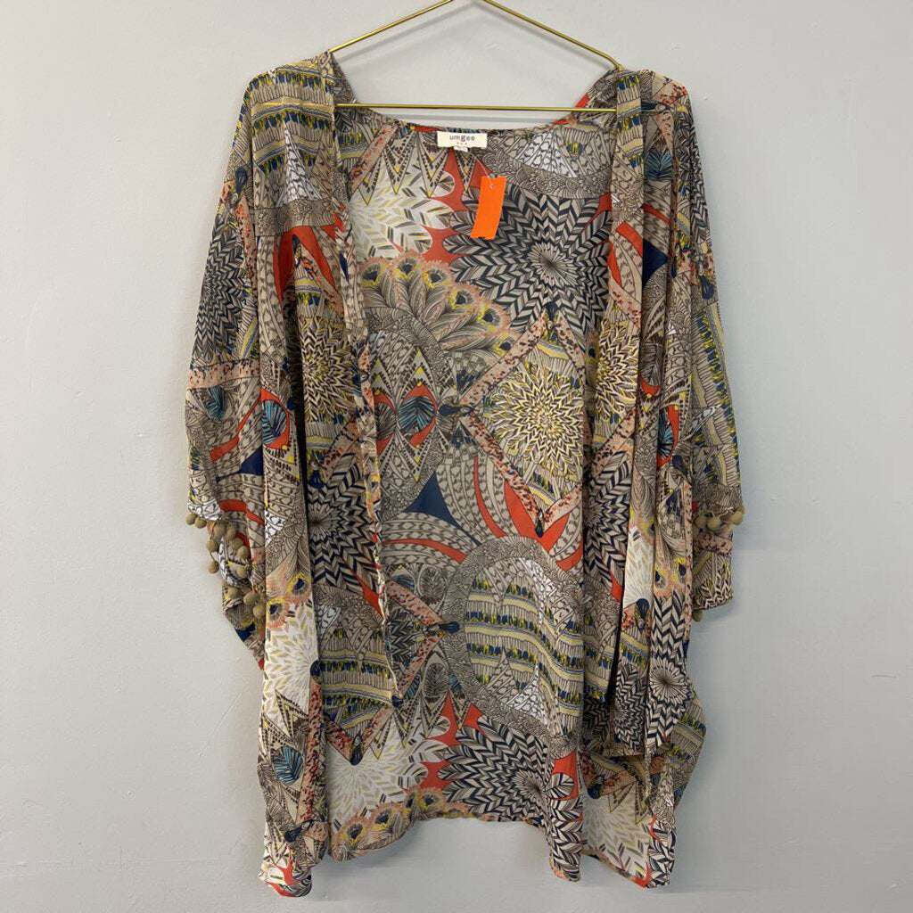 Umgee Beige/ Multi Print Open Front Kimono Medium/ Large