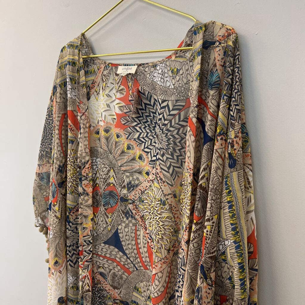 Umgee Beige/ Multi Print Open Front Kimono Medium/ Large