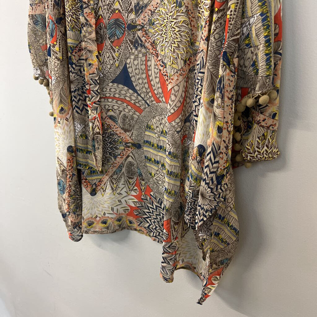 Umgee Beige/ Multi Print Open Front Kimono Medium/ Large