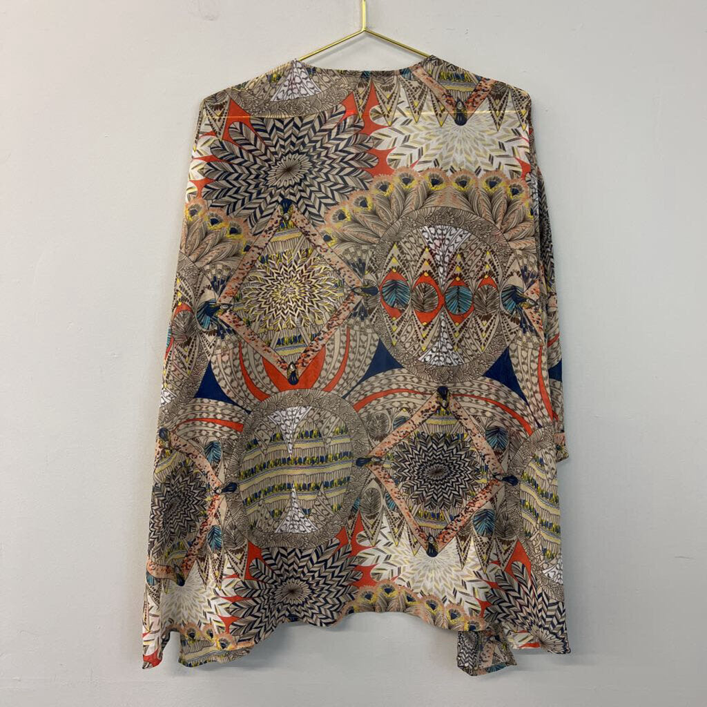 Umgee Beige/ Multi Print Open Front Kimono Medium/ Large