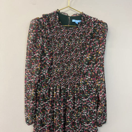 Draper James Green/ Multi Flower Print Long Sleeve Midi Dress Large