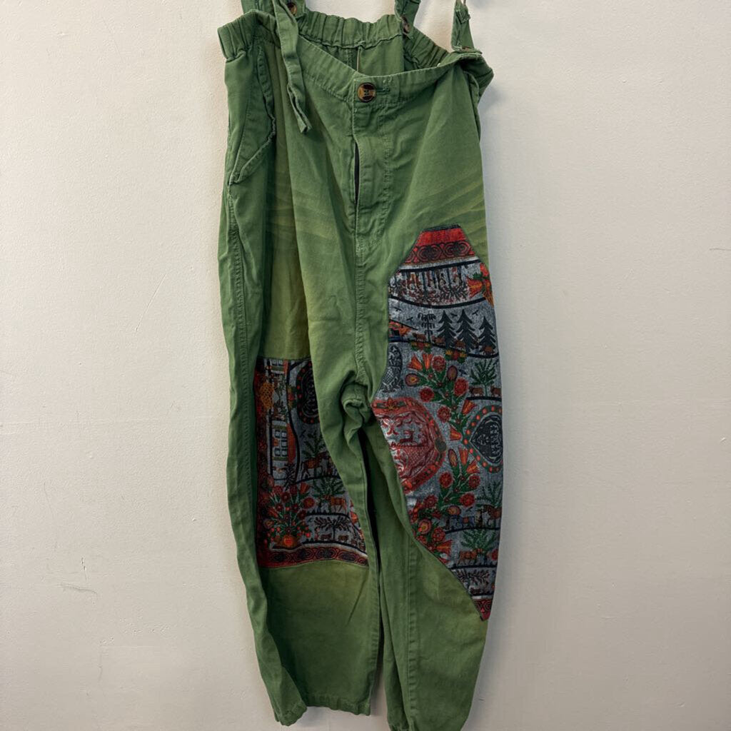 Green Patchwork Open Top Overalls Medium