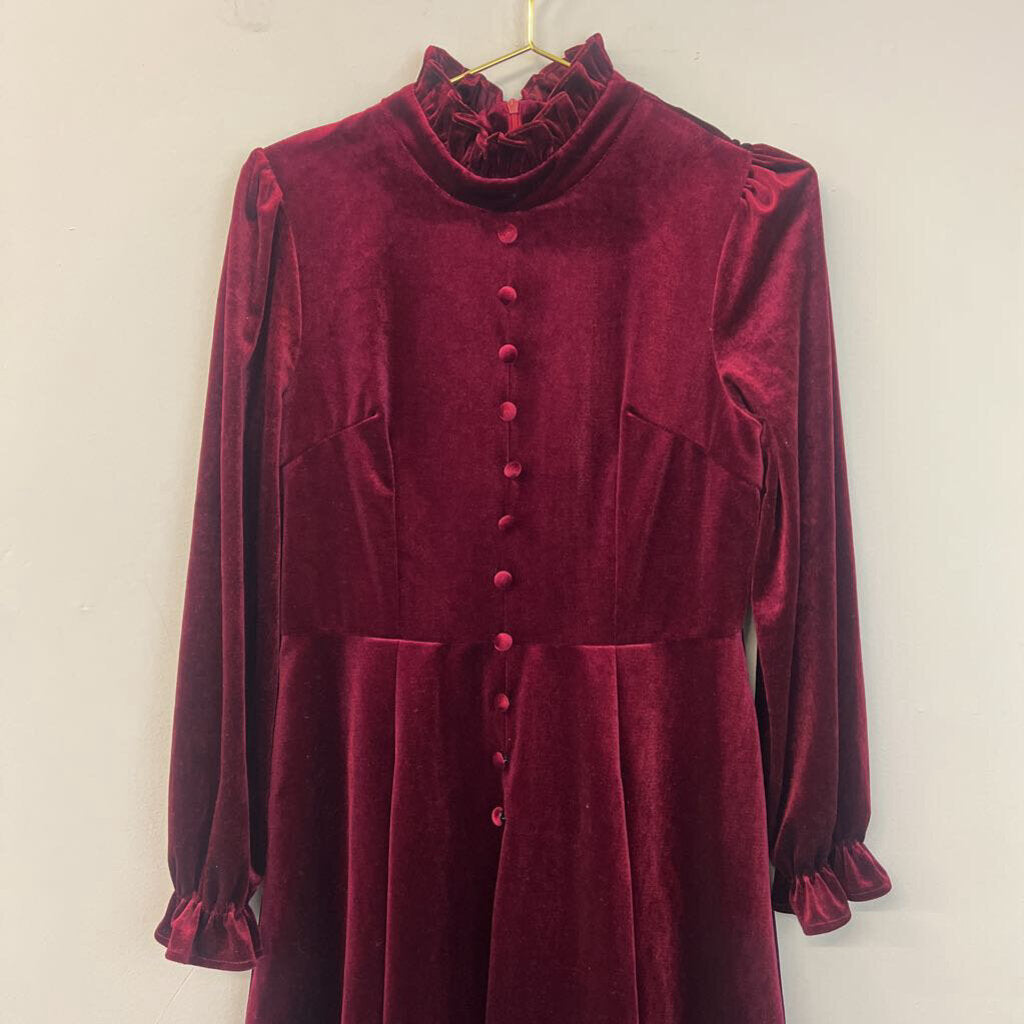 Feiinvan Burgundy Velvet Long Sleeve Midi Dress Large