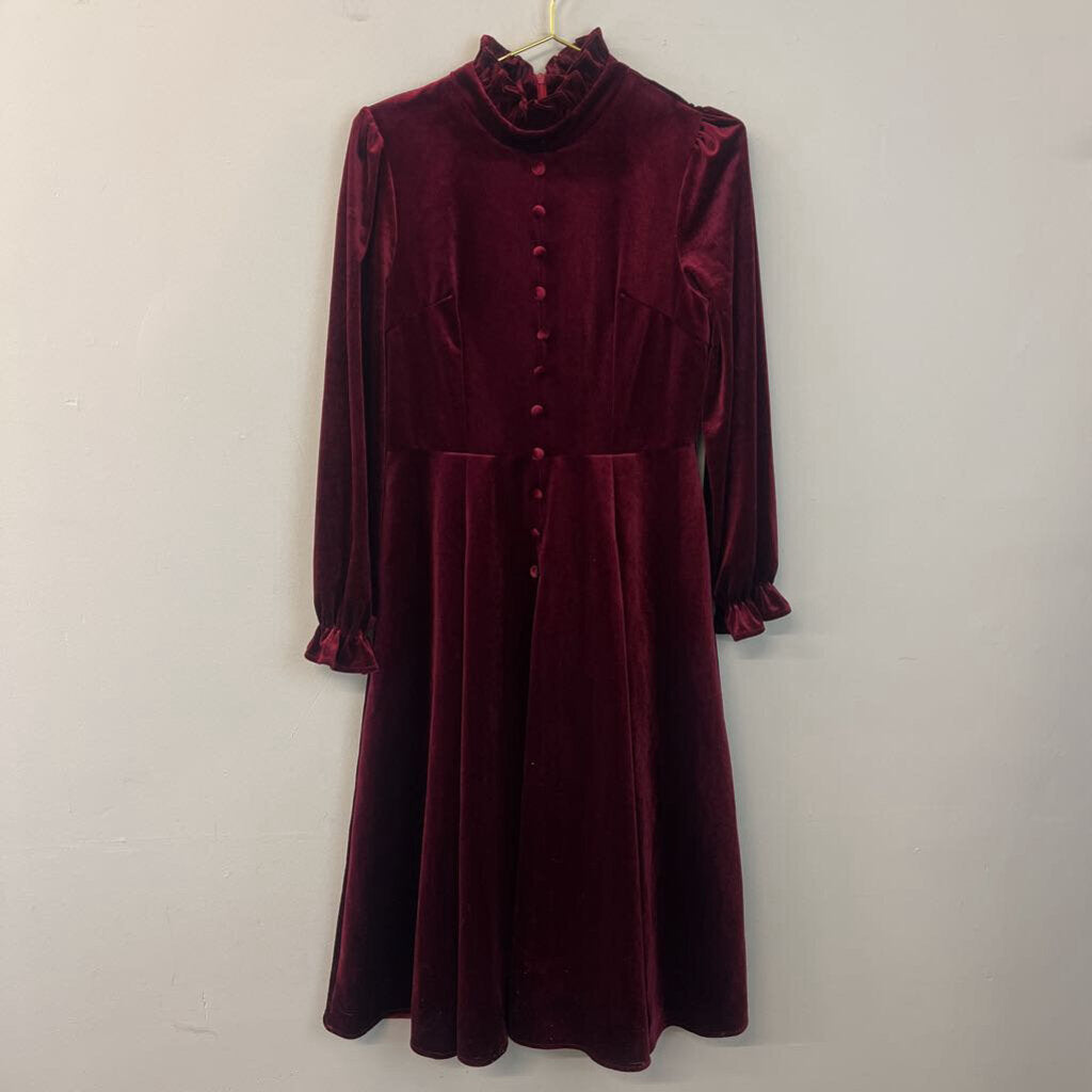 Feiinvan Burgundy Velvet Long Sleeve Midi Dress Large