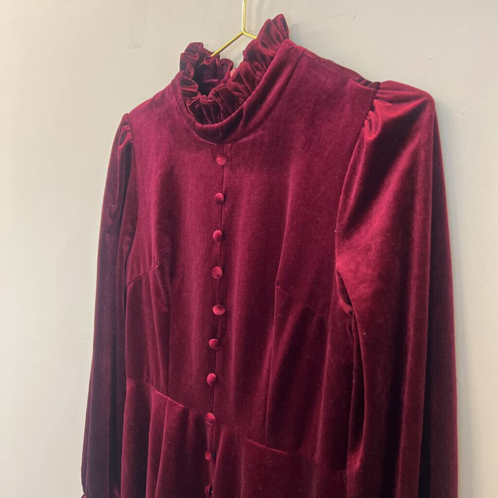 Feiinvan Burgundy Velvet Long Sleeve Midi Dress Large