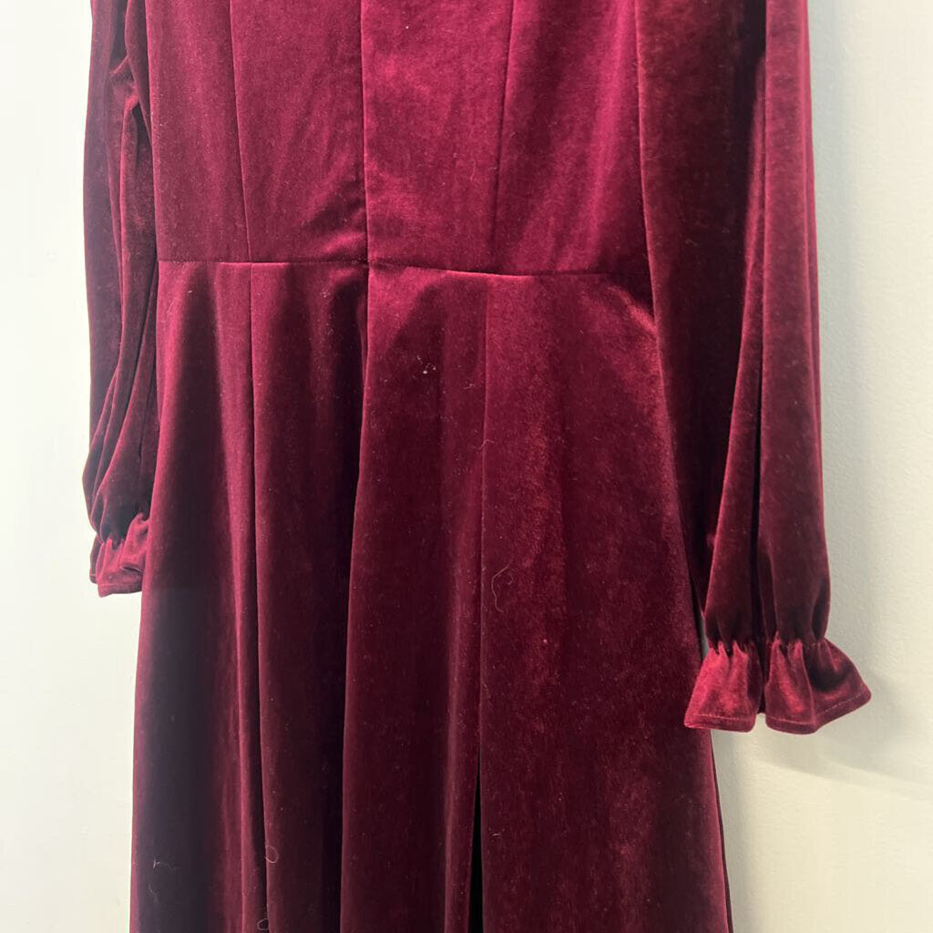 Feiinvan Burgundy Velvet Long Sleeve Midi Dress Large