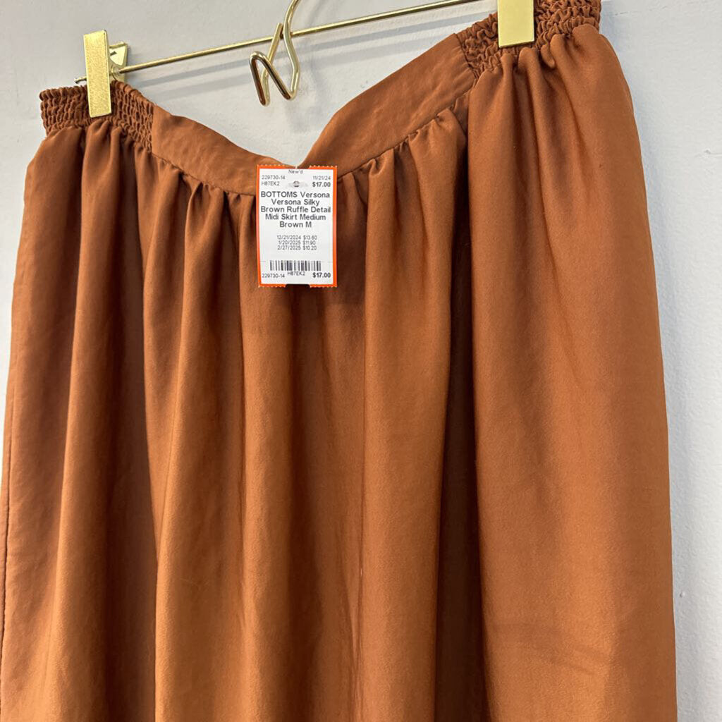 Versona Silky Brown Ruffle Detail Midi Skirt Medium