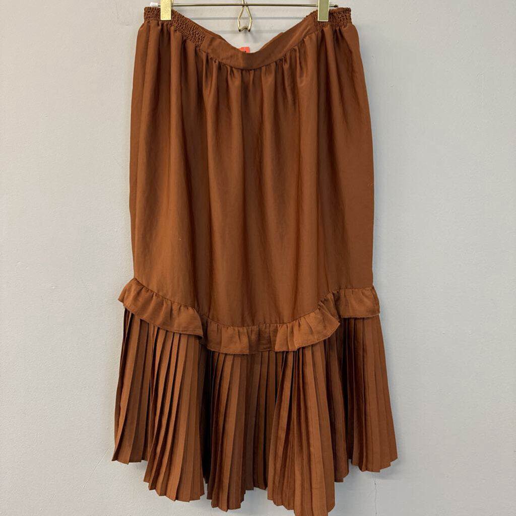 Versona Silky Brown Ruffle Detail Midi Skirt Medium