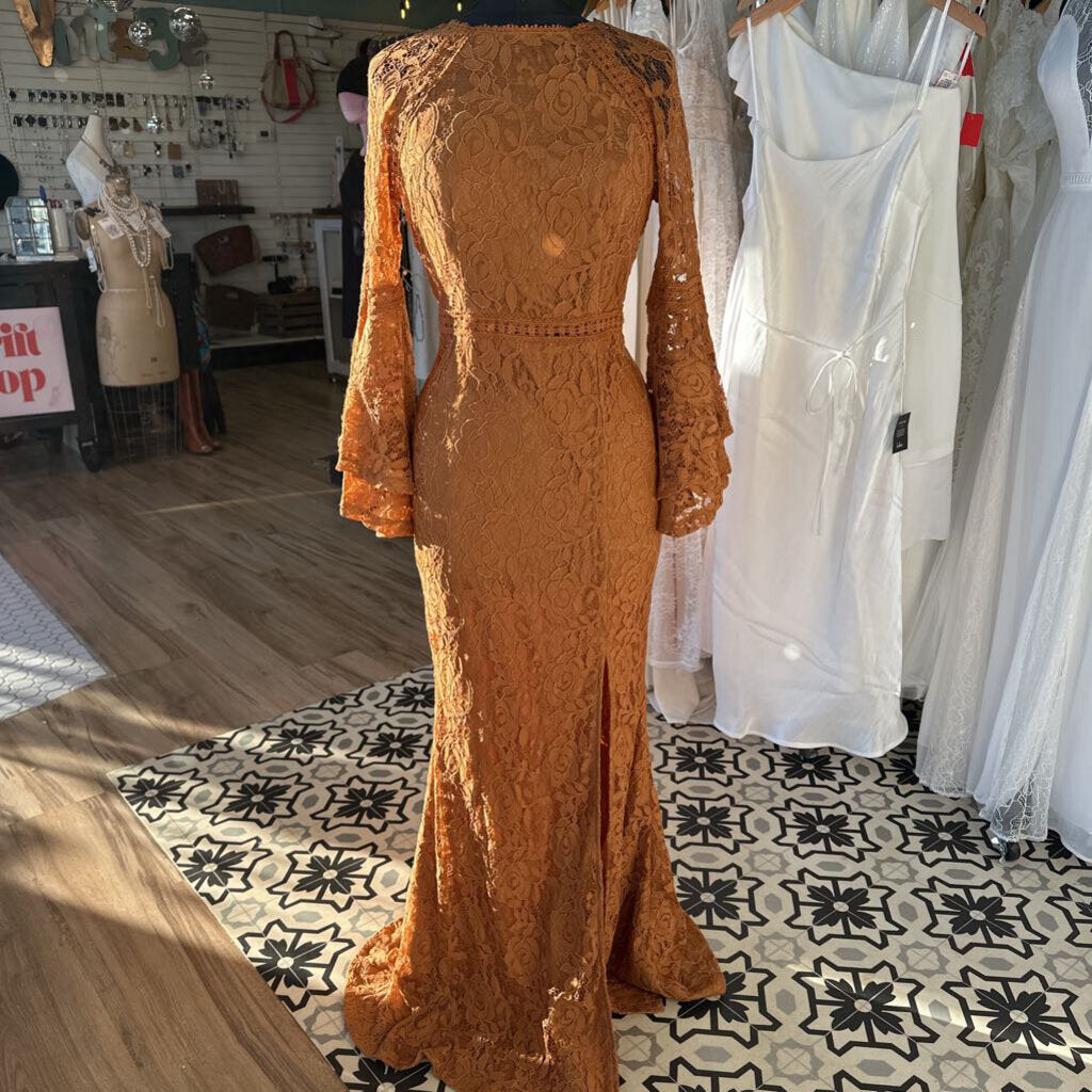 Baltic Born Burnt Orange Full Lace Bell Sleeve Long Formal Large