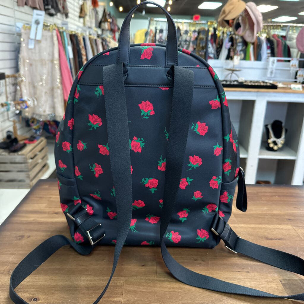 Kate Spade Black/ Red Rose Print Nylon Small Back Pack