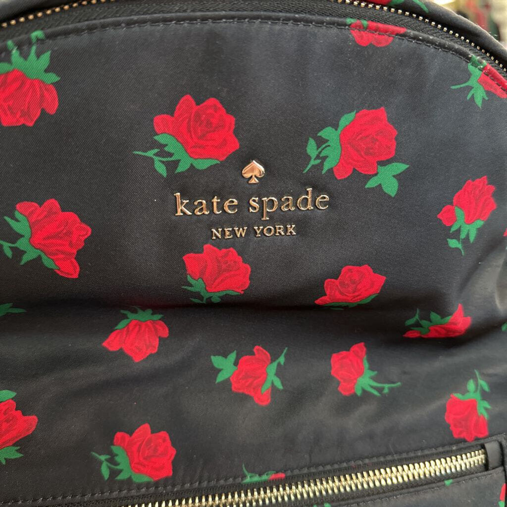 Kate Spade Black/ Red Rose Print Nylon Small Back Pack