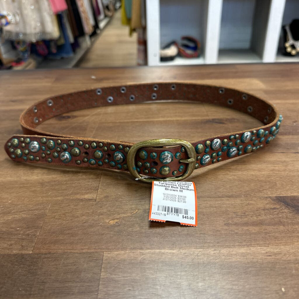 Bed Stu Brown Leather Turquoise Detail Studded Belt Medium