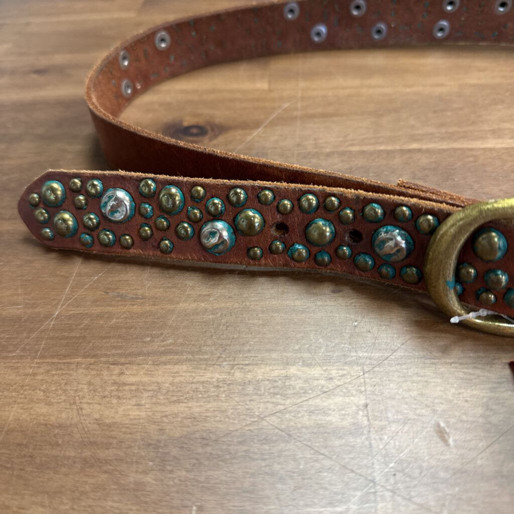 Bed Stu Brown Leather Turquoise Detail Studded Belt Medium