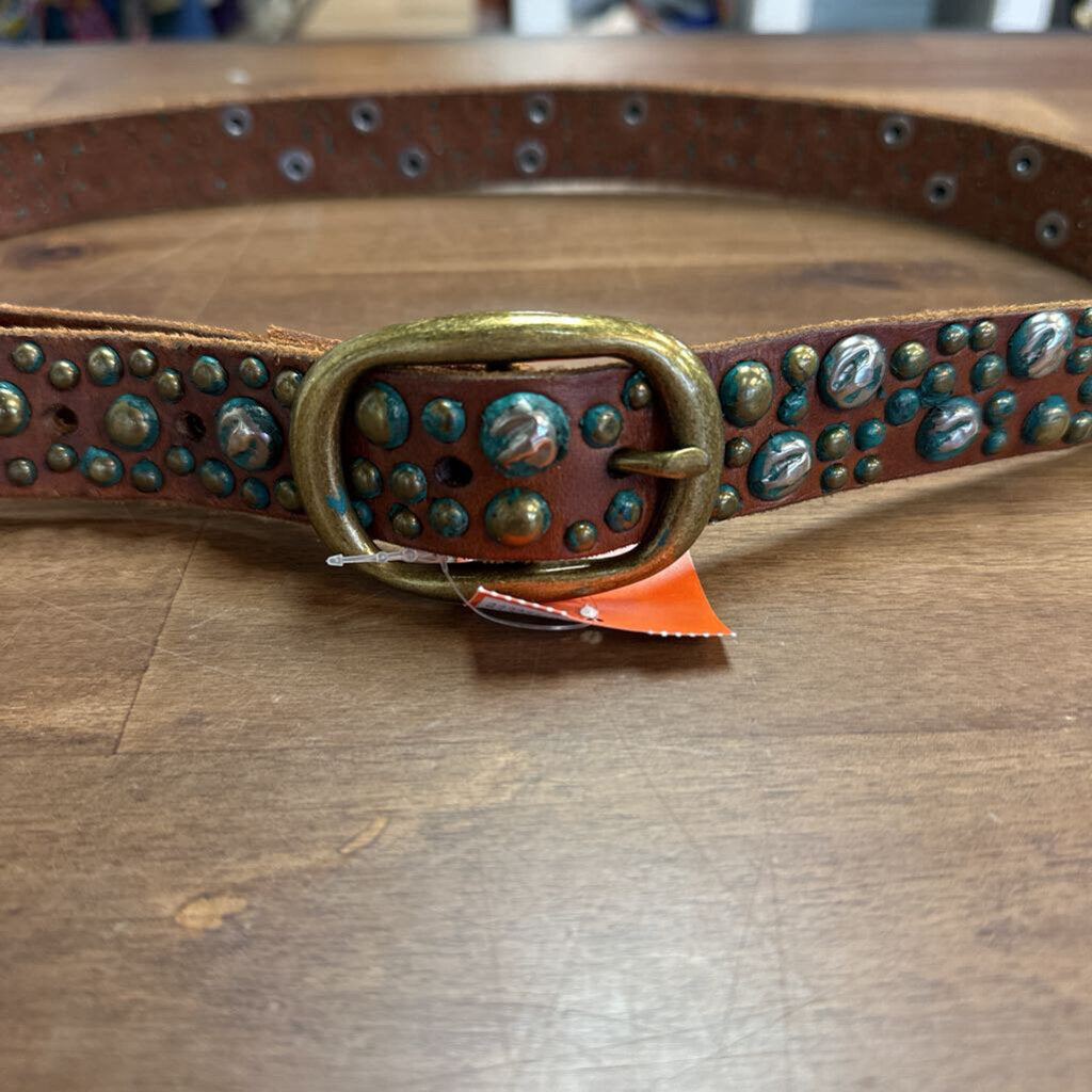 Bed Stu Brown Leather Turquoise Detail Studded Belt Medium