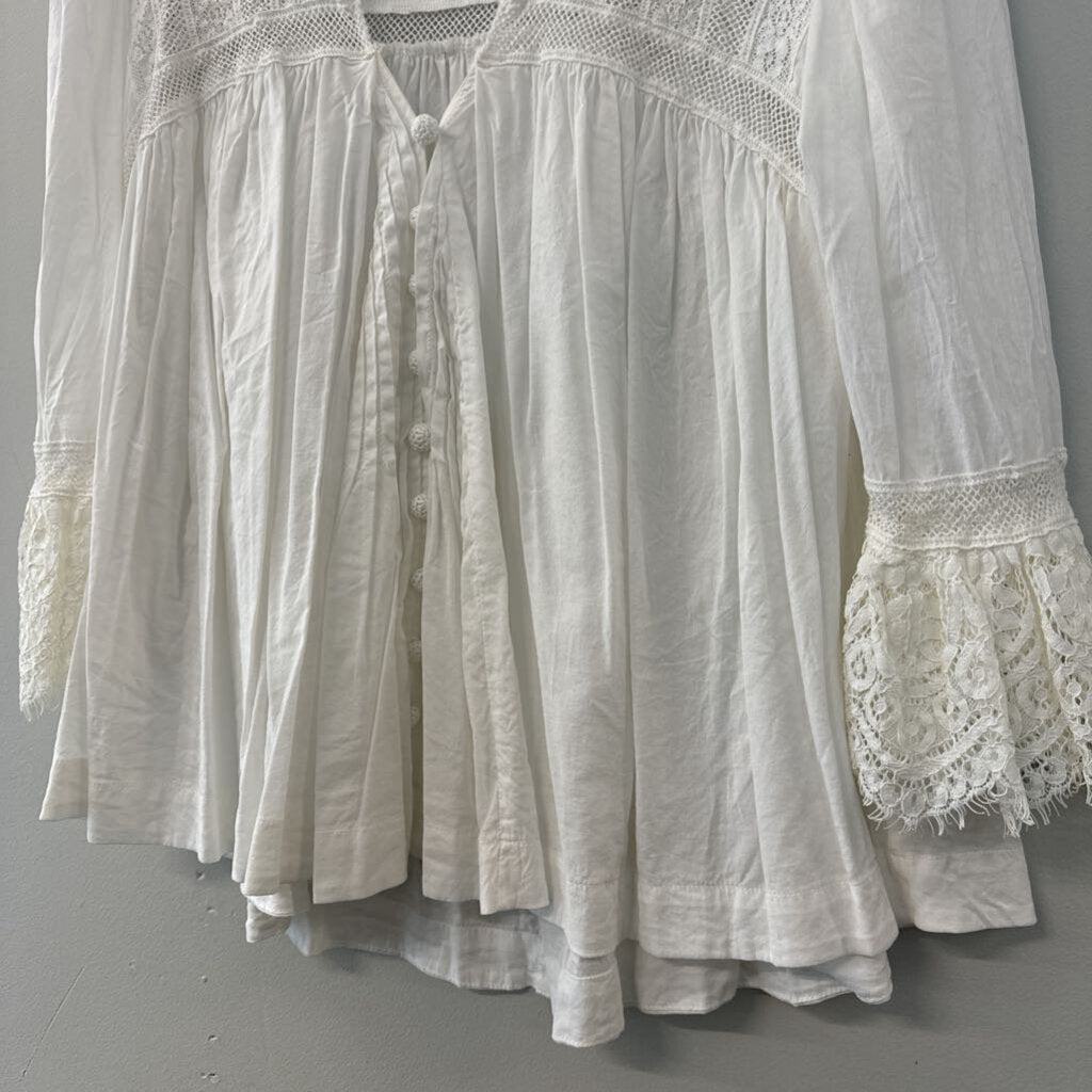 Free People White Lace Detail Long Sleeve Button Down Top Small