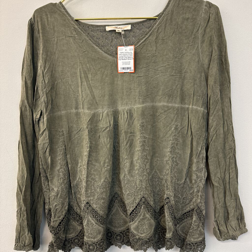 Andree Green Long Sleeve Lace Detail Long Sleeve Top Medium