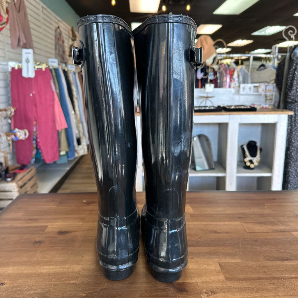 Hunter Black Rubbed Original Tall Gloss Rain Boots 8