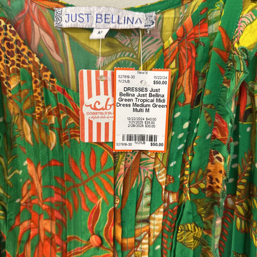 Just Bellina Green Tropical Midi Dress Medium