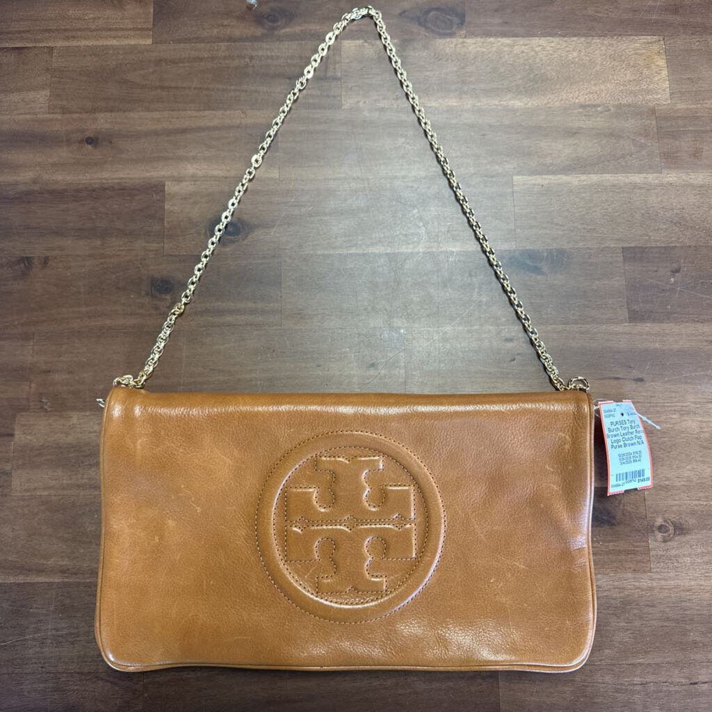 Tory Burch Brown Leather Reva Logo Clutch Flap Purse