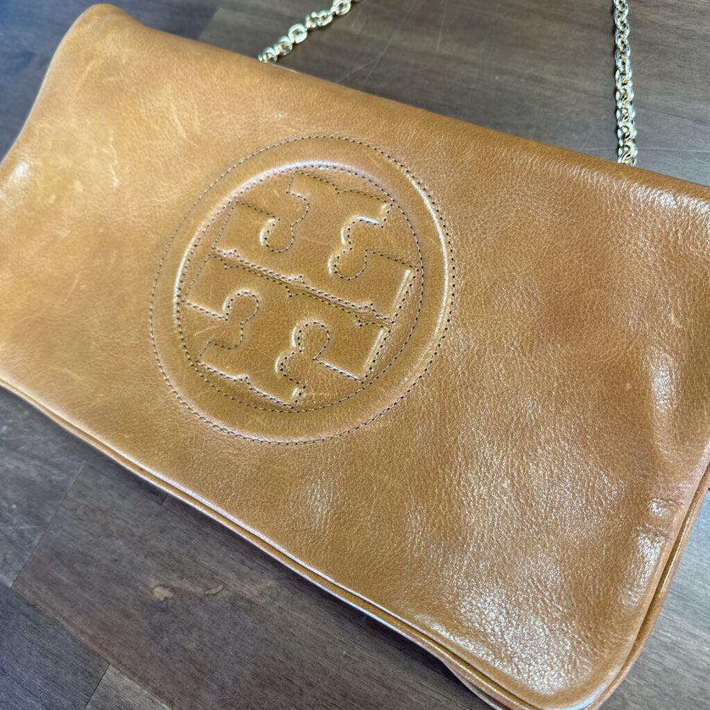 Tory Burch Brown Leather Reva Logo Clutch Flap Purse