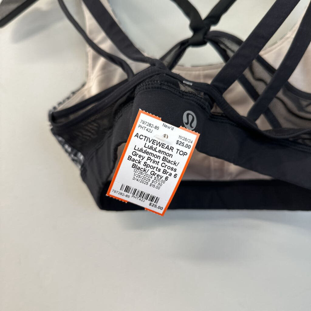 Lululemon Black/ Grey Print Cross Back Sports Bra 6