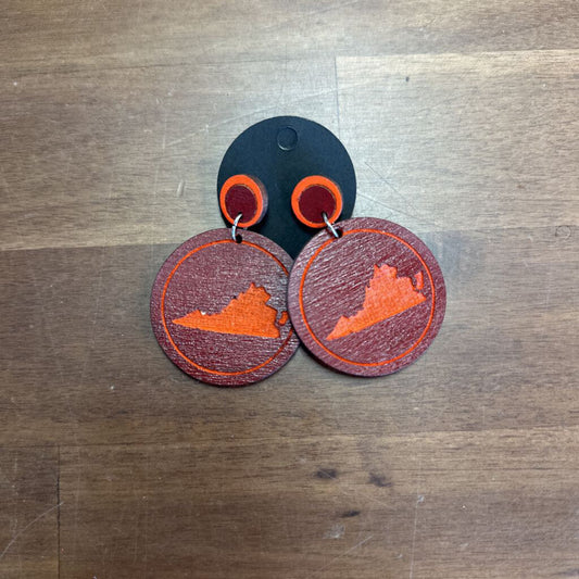 Burgundy/ Orange Virginia State Wood Earrings