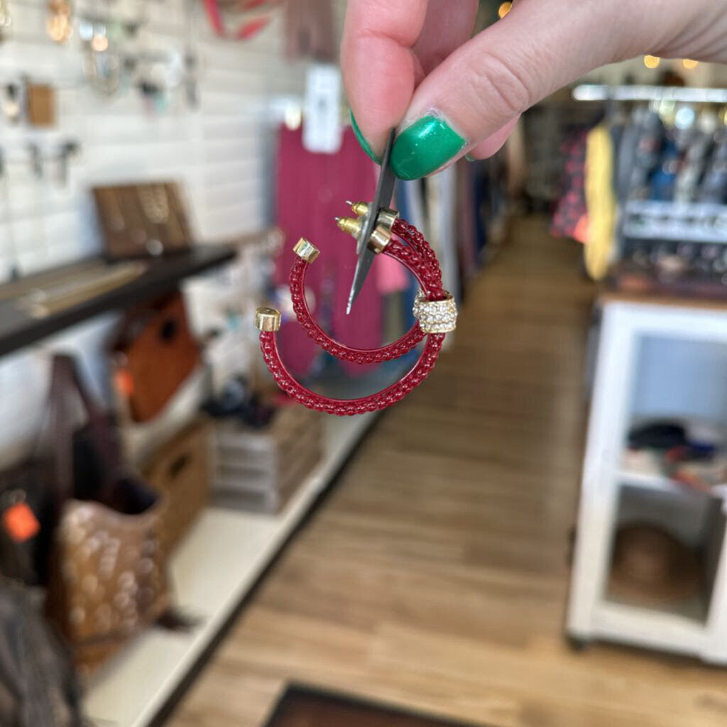 Burgundy Beaded Half Hoop Earrings