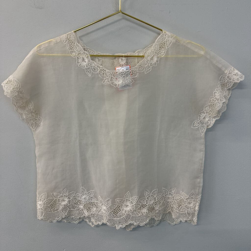 Vintage Cream Lace Detail Short Sleeve Top Small